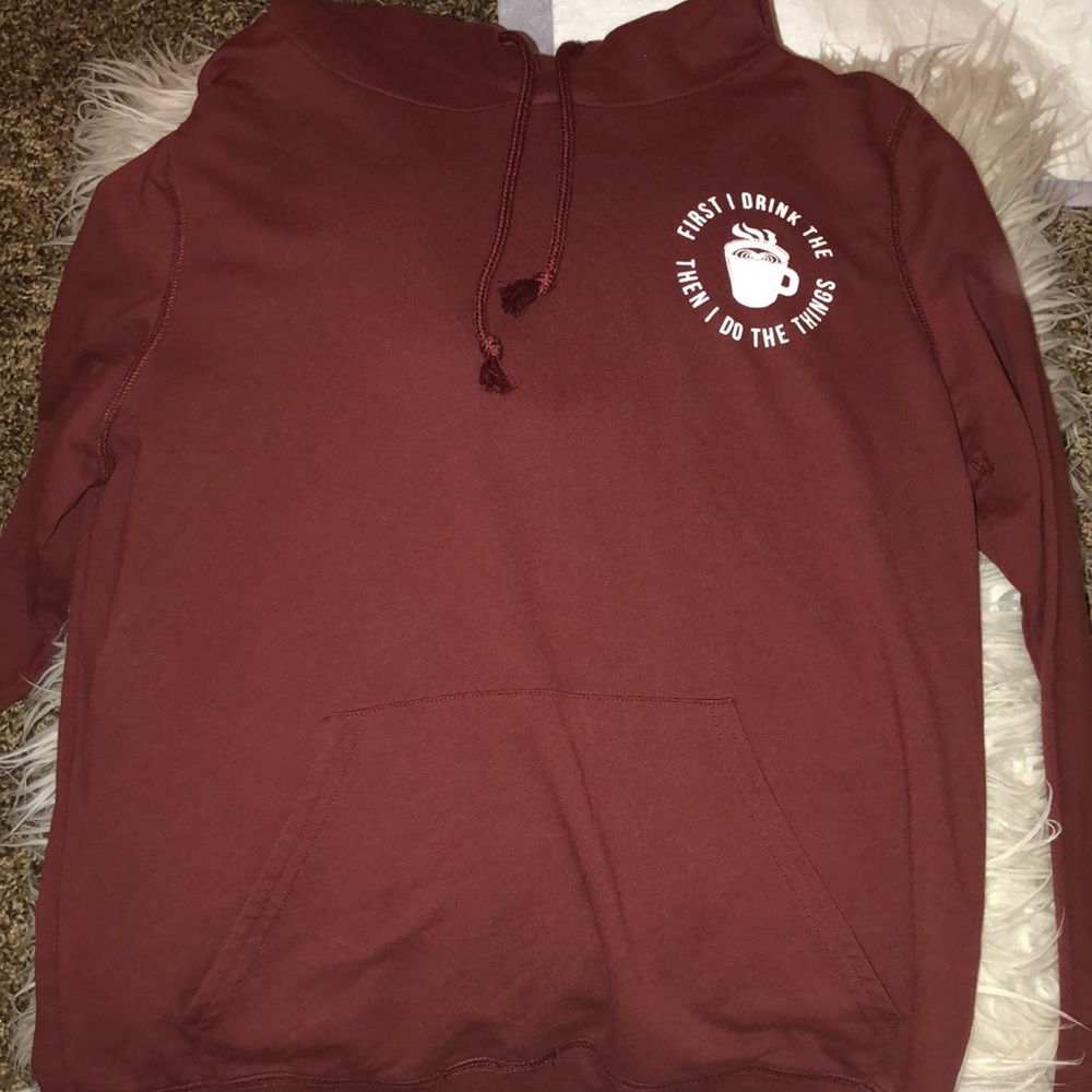 maroon sweater/hoodie with text